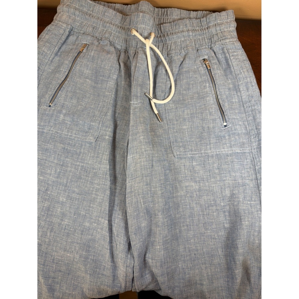 Light Blue Linen Blend Elastic Waist Drawstring Jogger Pants with Zip Pockets